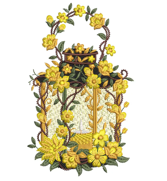 Floral Lantern Embroidery Design, Vintage Candle Lantern Stitch Pattern, Flower Machine Embroidery File,| Garden Decor Design,6 Sizes