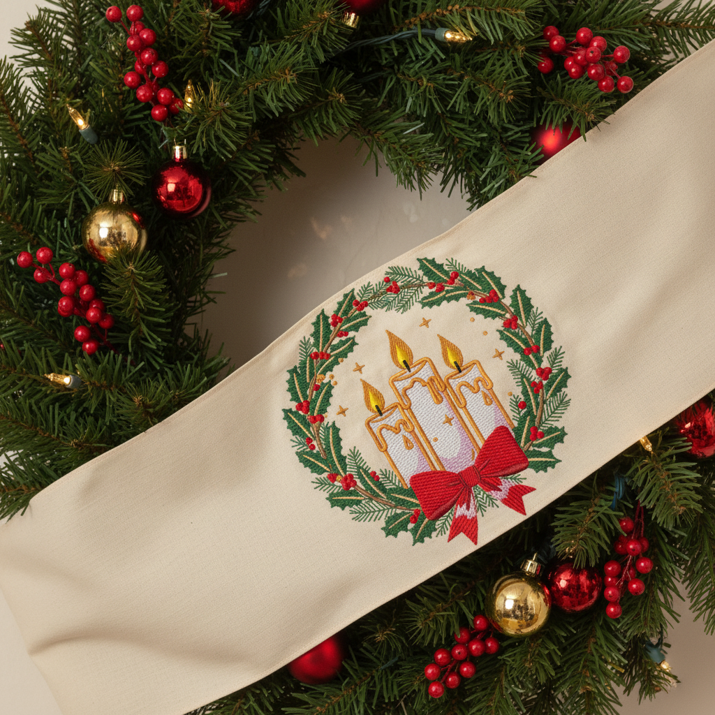 Christmas Candles Embroidery Design, Candle Wreath PES DST EXP, Christmas Decor Embroidery Pattern, Holiday Machine Embroidery File