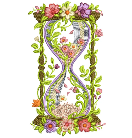Floral Hourglass Embroidery Design, Elegant Vintage Timepiece Machine Embroidery File