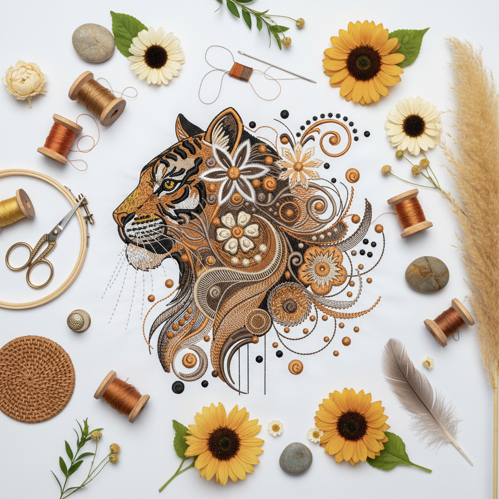 Floral Tiger Embroidery Design, Boho Tiger Pattern, Jungle Wildlife Machine Embroidery, Modern Floral Cat, Jungle Tiger with Leaves Flowers