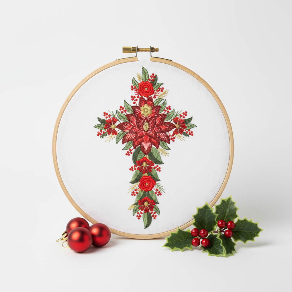 Christmas Cross Embroidery Design, Religious Floral Cross Embroidery File, Christian Christmas Embroidery Pattern, Digital Download